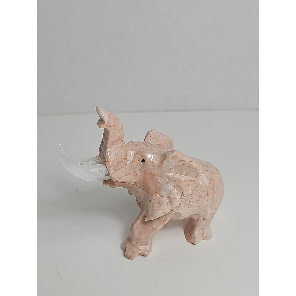 Small Hand Carved Stone Elephant Figurine Pink Natural Stone Decorative Statue